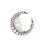 A 19TH CENTURY MOONSTONE AND DIAMOND BROOCH, CIRCA 1880 Designed as a crescent moon, set with