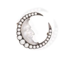 A 19TH CENTURY MOONSTONE AND DIAMOND BROOCH, CIRCA 1880 Designed as a crescent moon, set with