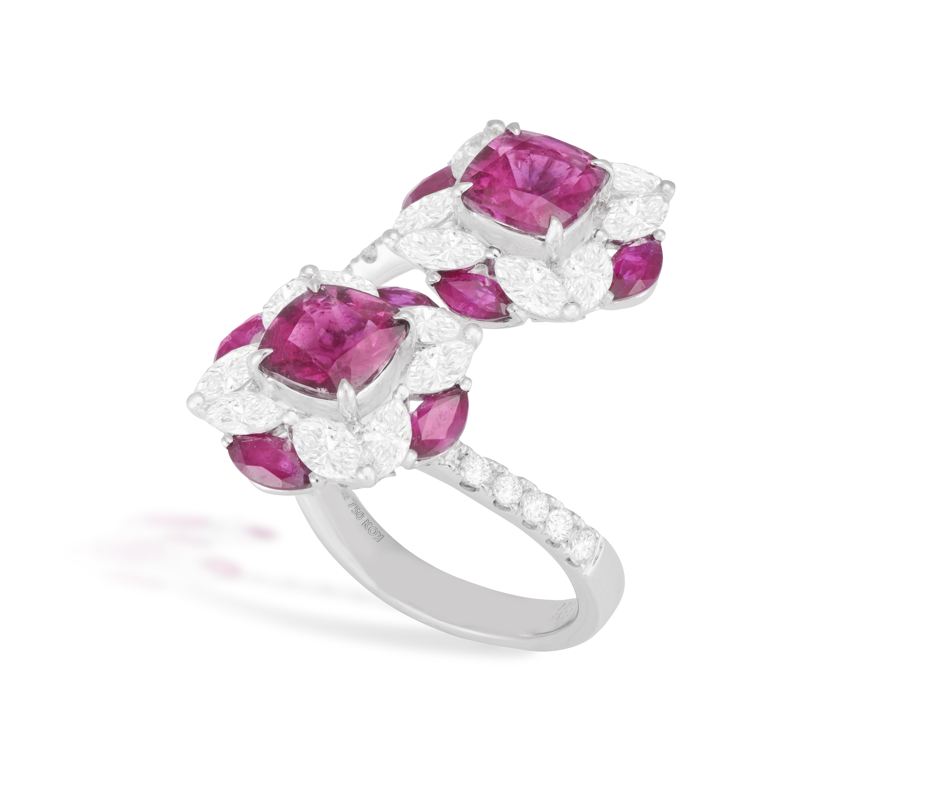 A RUBELLITE, RUBY AND DIAMOND DRESS RING Of crossover design, each cushion-shaped rubellite - Image 2 of 6