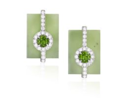 A PAIR OF JADE, CHROME DIOPSIDE AND DIAMOND EARRINGS, BY MARGHERITA BURGENER Each rectangular