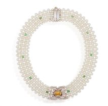 A GEM-SET AND CULTURED PEARL CHOKER NECKLACE The tapered openwork plaque centring an oval-shaped