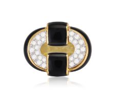 AN ENAMEL AND DIAMOND COCKTAIL RING Of openwork bombé design, the centre pavé-set with brilliant-cut