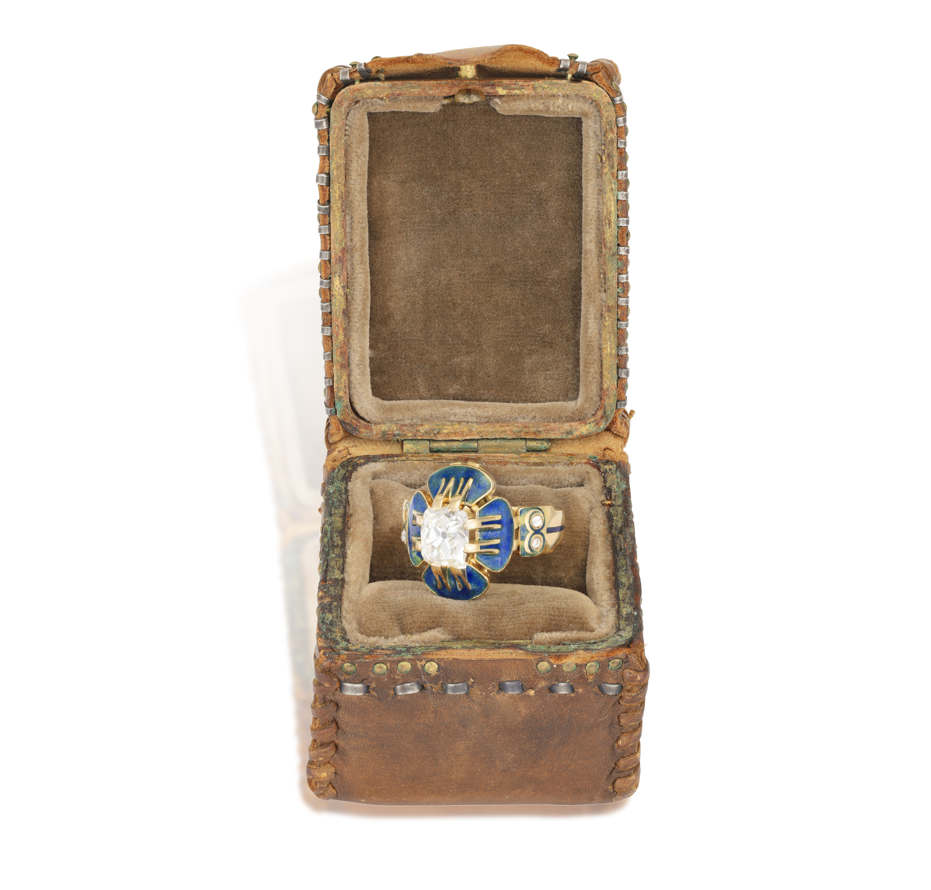 A RARE ART NOUVEAU ENAMEL AND DIAMOND 'PANSY' RING, BY CHARLES RIVAUD, CIRCA 1900 The cushion-shaped - Image 3 of 6