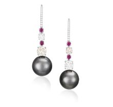 A PAIR OF CULTURED PEARL, DIAMOND AND RUBY PENDENT EARRINGS, BY GABRI Each Tahitian cultured pearl