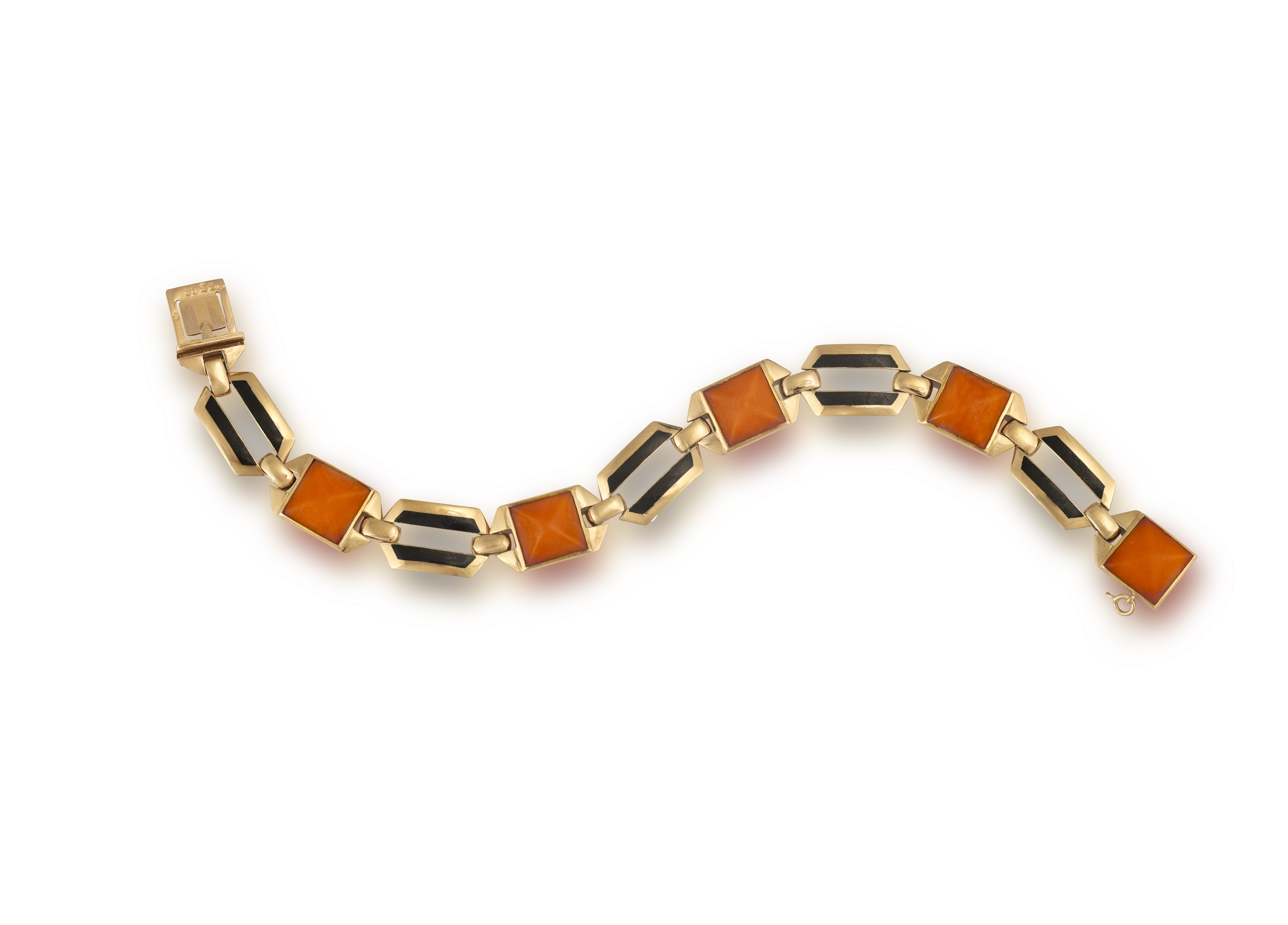 A CORAL AND ENAMEL BRACELET, FRENCH, CIRCA 1950 Composed of alternating links, either set with a - Image 2 of 3