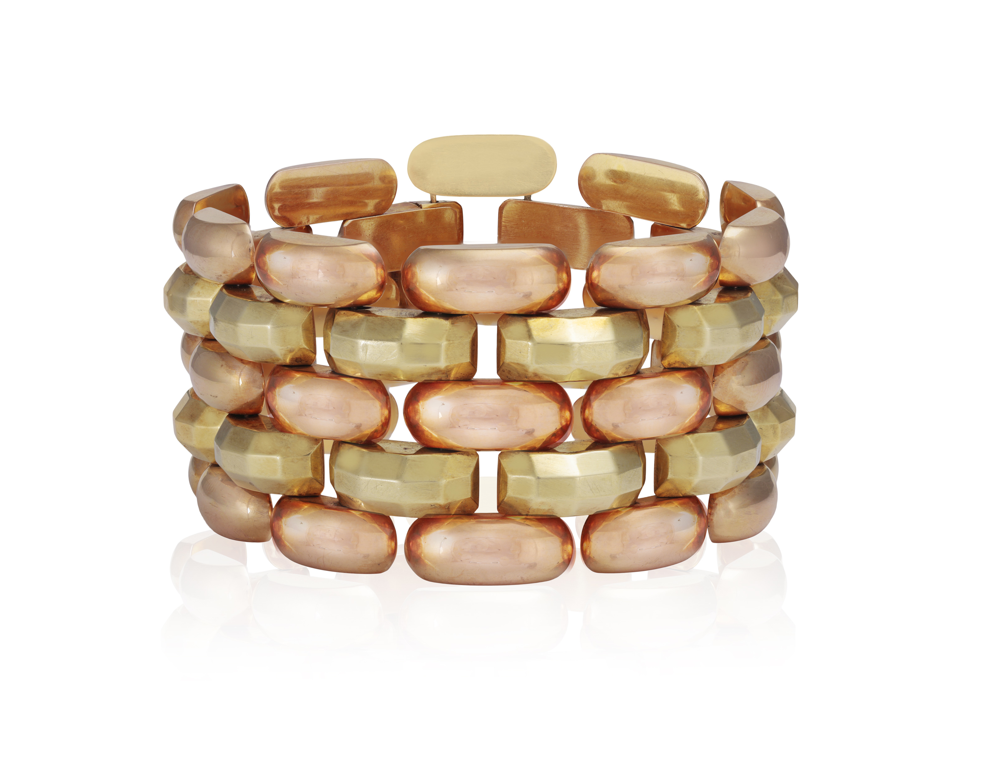 A GOLD RETRO COCKTAIL BRACELET, CIRCA 1940 Of bi-coloured design, the large articulated bracelet - Image 2 of 4