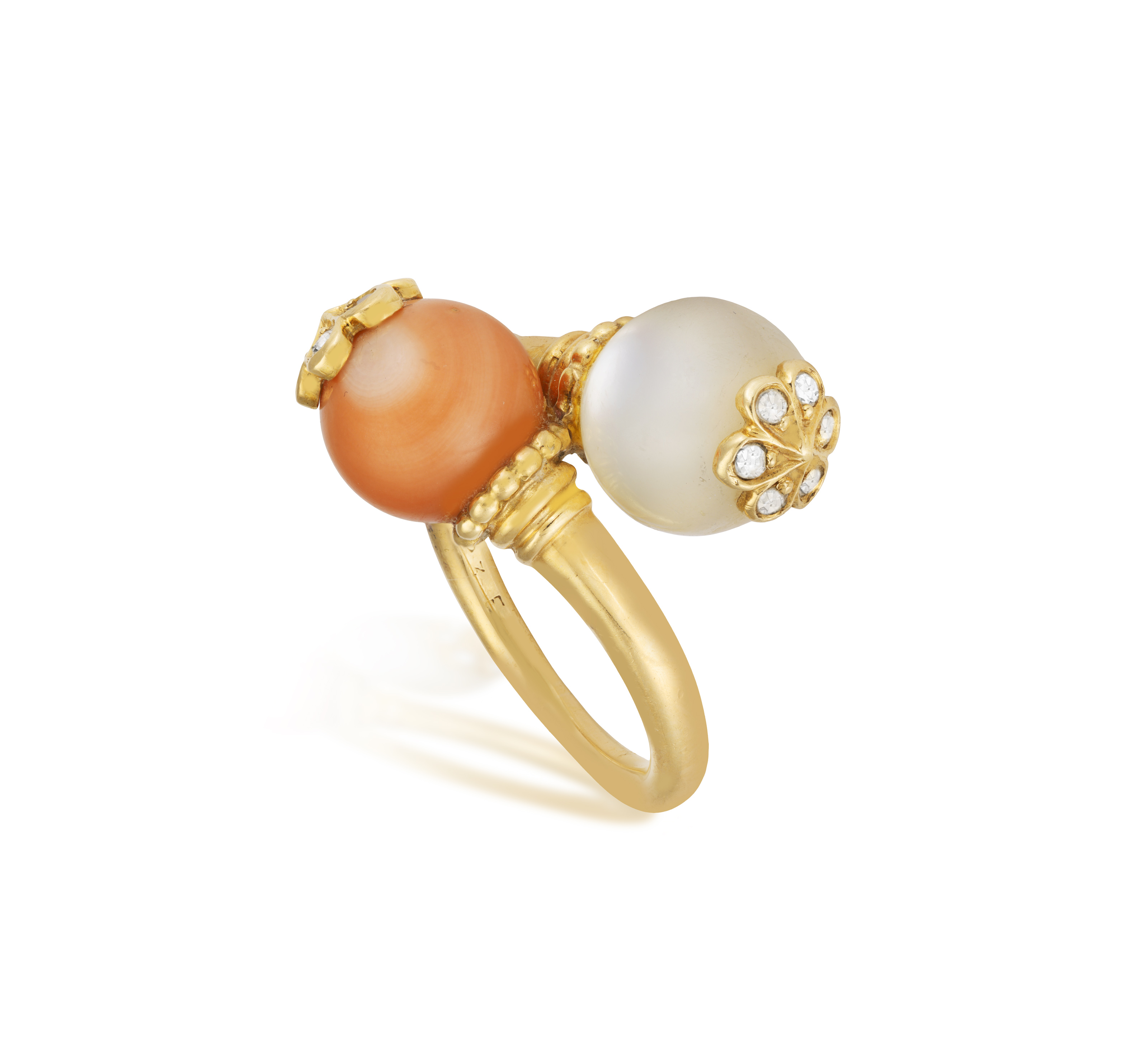 A GEM SET AND DIAMOND DRESS RING, BY CHAUMET, CIRCA 1970 Of crossover design, set with a coral and - Image 2 of 4