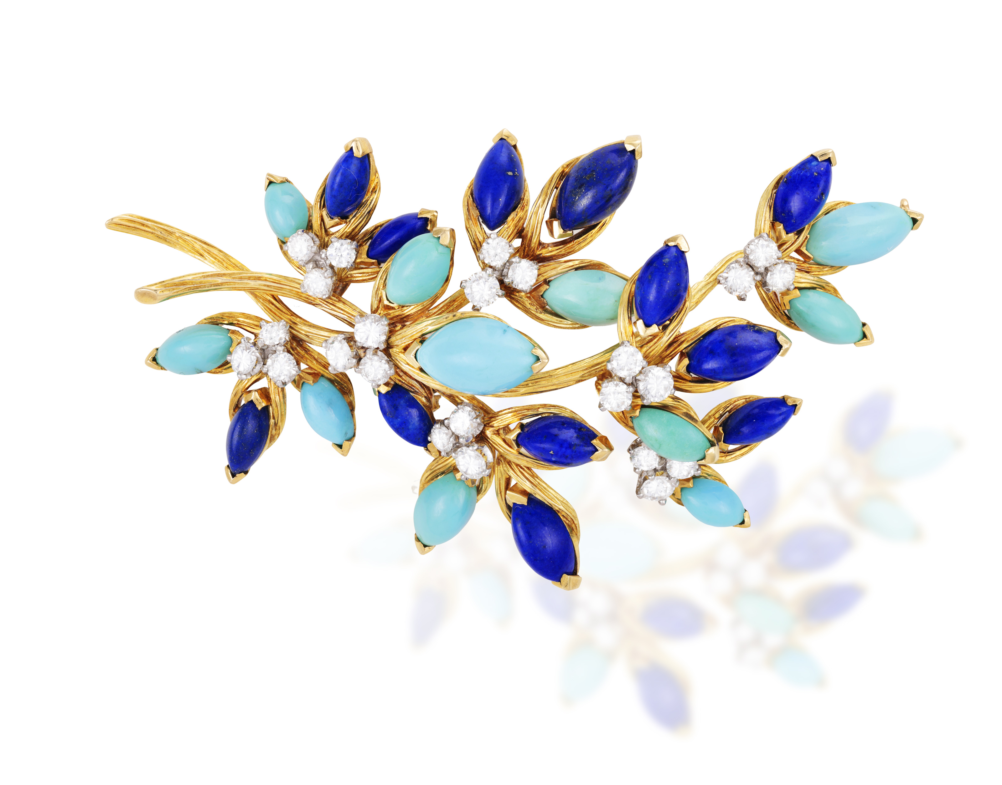 A TURQUOISE, LAPIS LAZULI AND DIAMOND BROOCH, BY VAN CLEEF & ARPELS, CIRCA 1965 Of foliate design, - Image 2 of 4