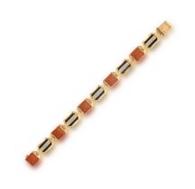 A CORAL AND ENAMEL BRACELET, FRENCH, CIRCA 1950 Composed of alternating links, either set with a