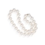 A CULTURED PEARL NECKLACE Composed of thirty-two slightly graduated round-shaped cultured pearls