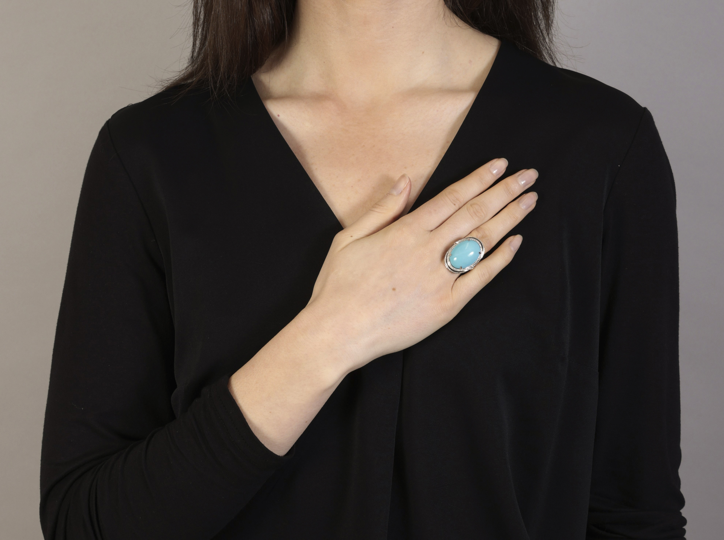 A TURQUOISE, ENAMEL AND DIAMOND DRESS RING The oval-shaped turquoise cabochon within a frame pavé- - Image 3 of 4