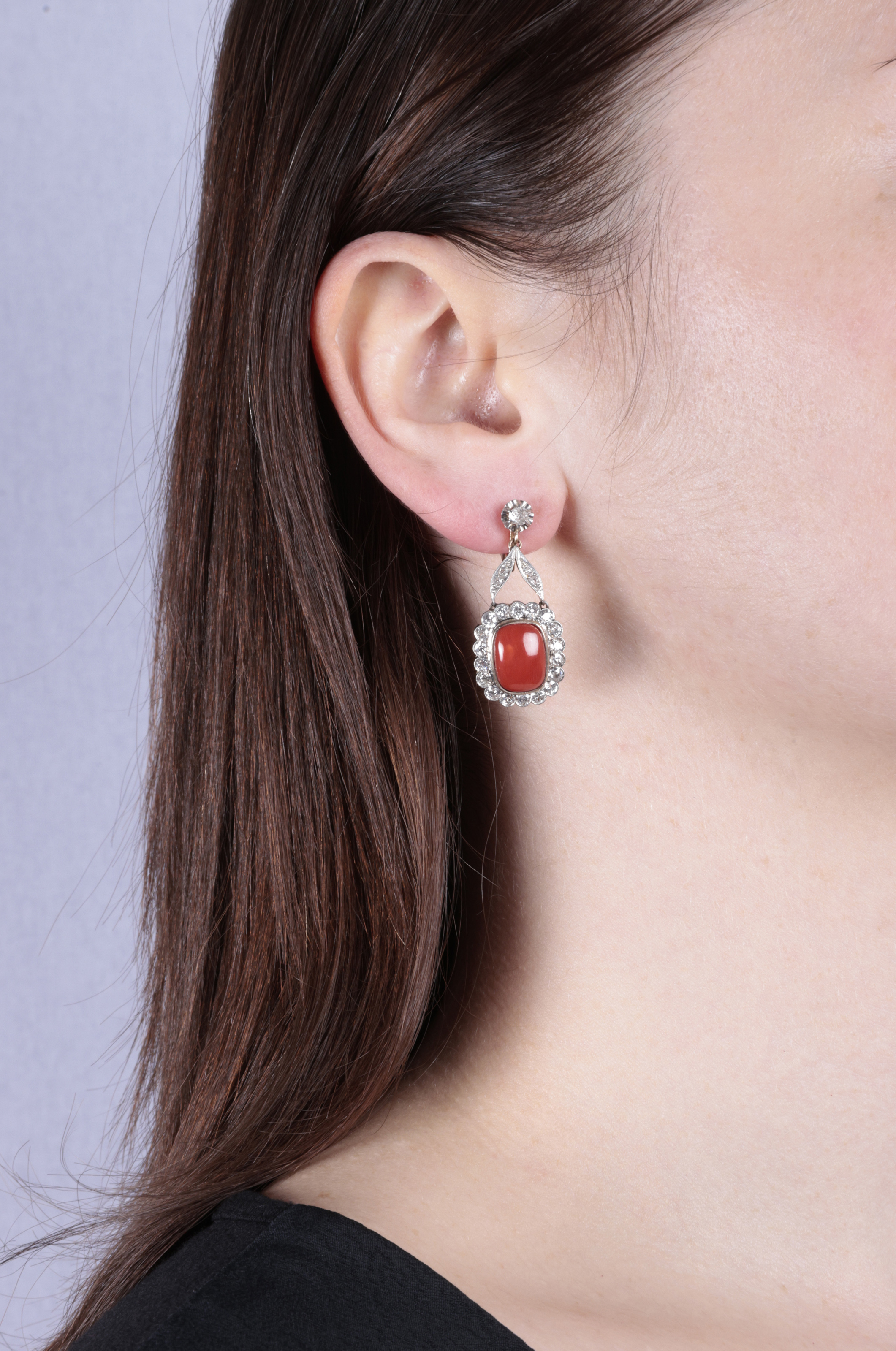 A PAIR OF MID 20TH CENTURY CORAL AND DIAMOND EARRINGS Each set with a cushion-shaped cabochon coral, - Image 3 of 4