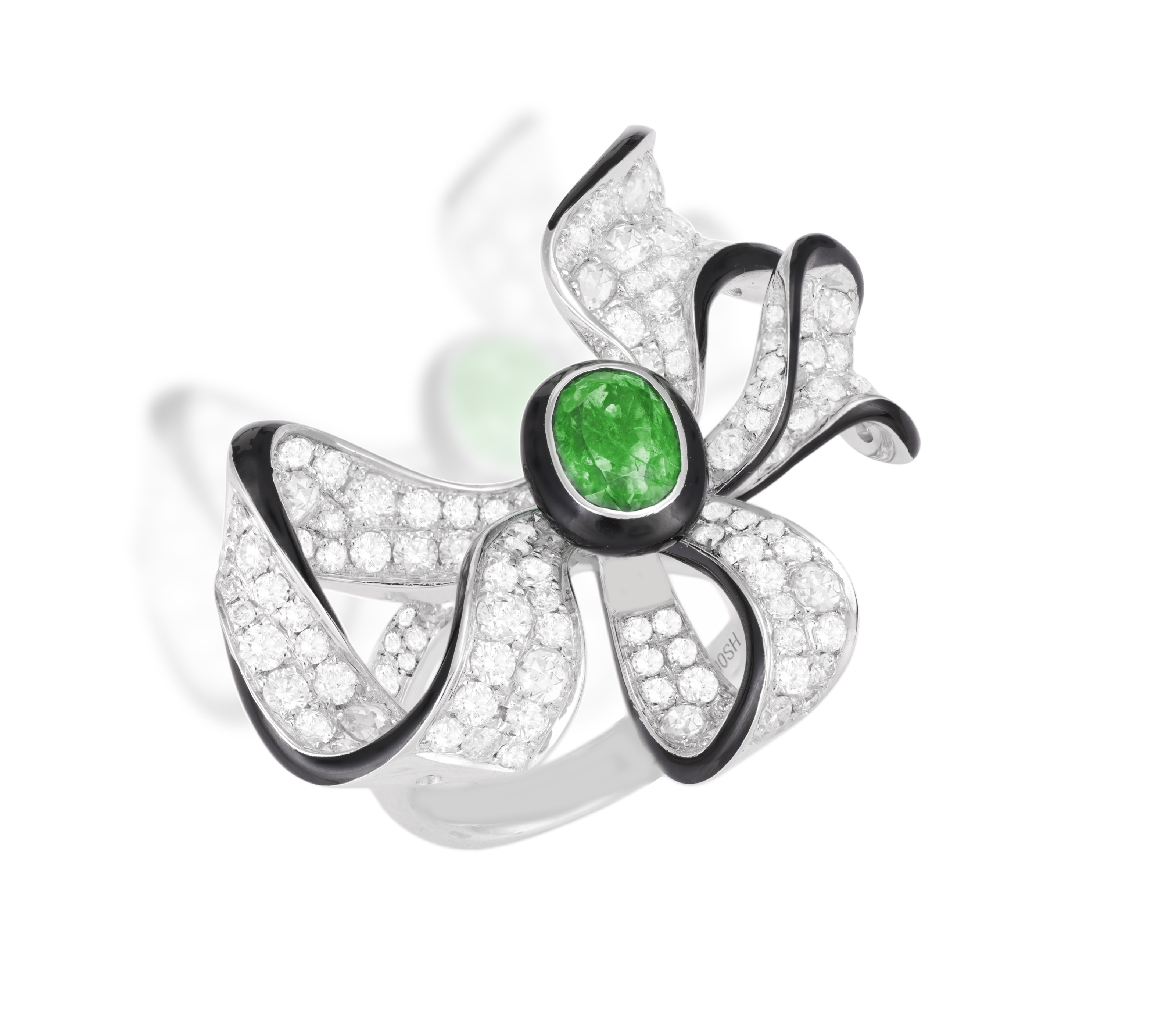AN EMERALD, ENAMEL AND DIAMOND COCKTAIL RING Of stylised bow design, centring an oval-shaped - Image 2 of 5