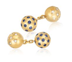 A PAIR OF SAPPHIRE AND DIAMOND CUFFLINKS, BY VAN CLEEF & ARPELS, CIRCA 1960 Each composed of