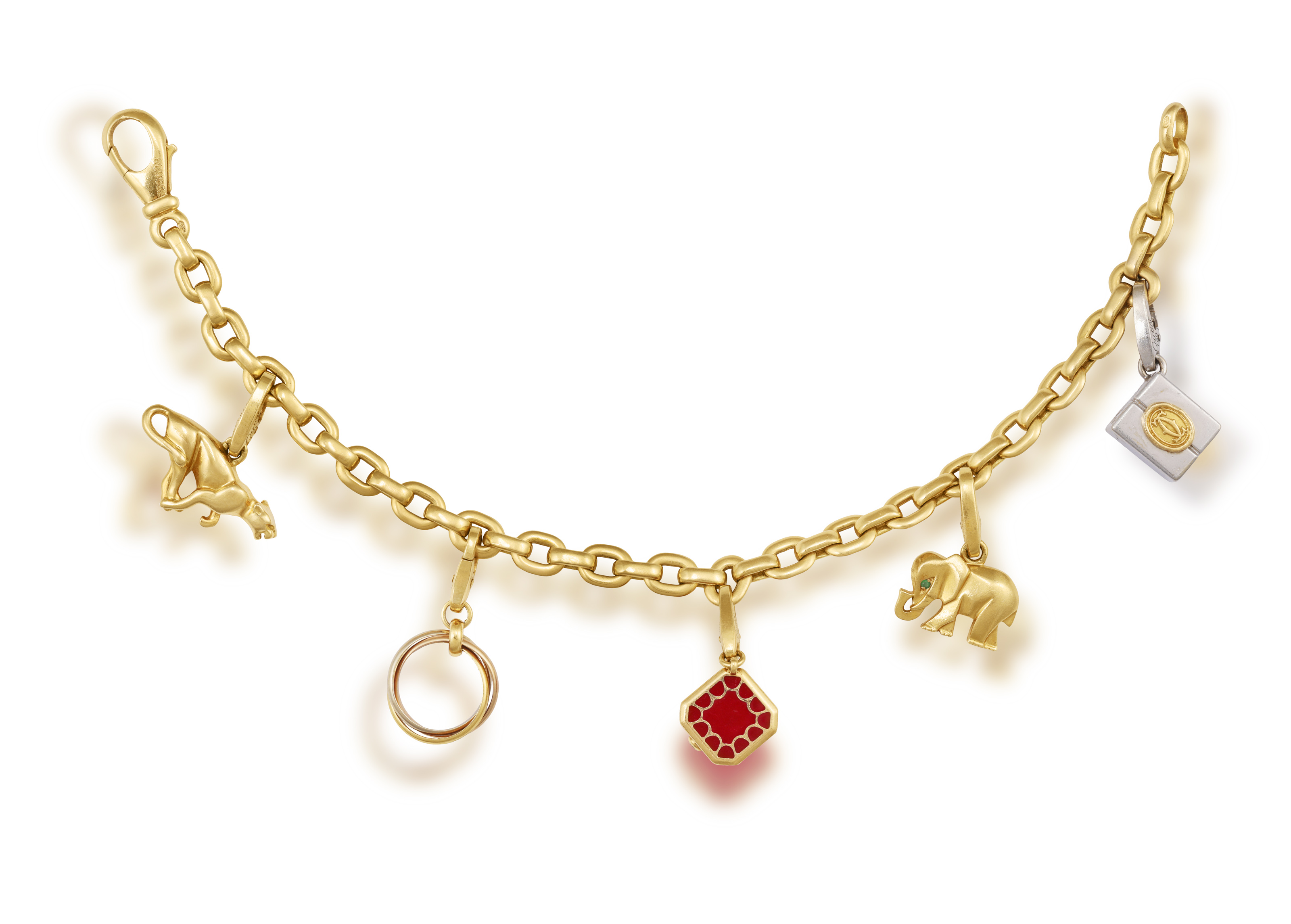 A GOLD CHARM BRACELET, BY CARTIER The belcher-link chain bracelet, suspending five detachable charms