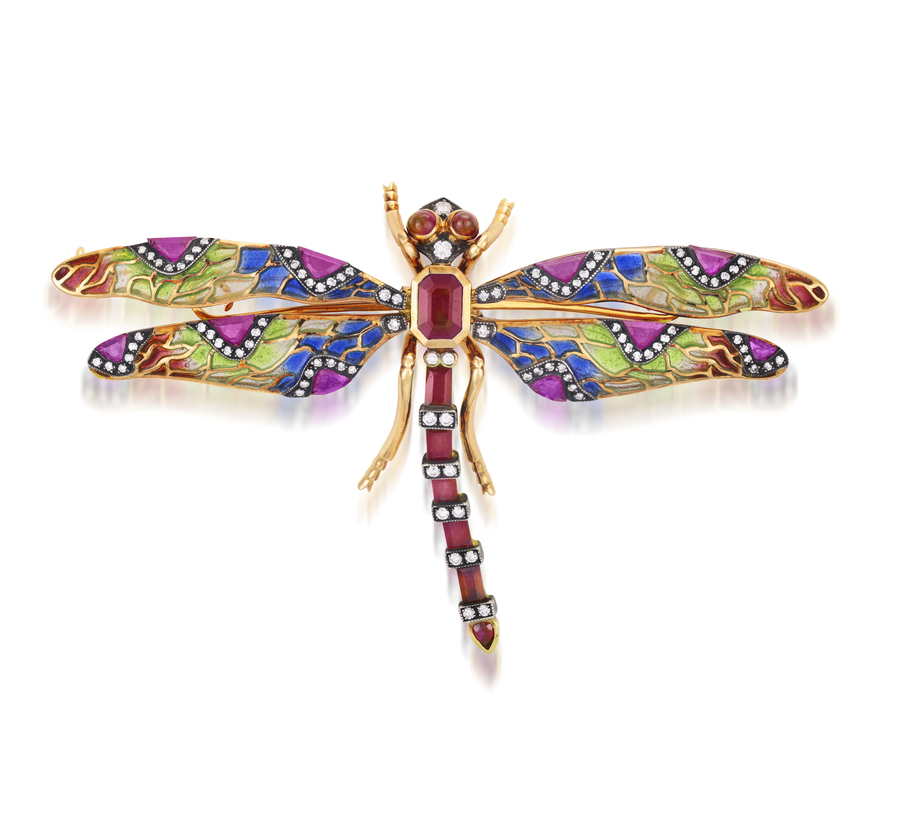 A GEM-SET, DIAMOND AND ENAMEL BROOCH Designed as a dragonfly, its wings mounted en tremblant,