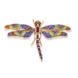 A GEM-SET, DIAMOND AND ENAMEL BROOCH Designed as a dragonfly, its wings mounted en tremblant,