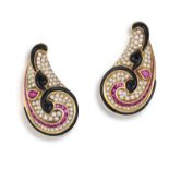 A PAIR OF RUBY, DIAMOND AND ONYX EARCLIPS, BY VACHERON CONSTANTIN, CIRCA 1980 Each designed as a