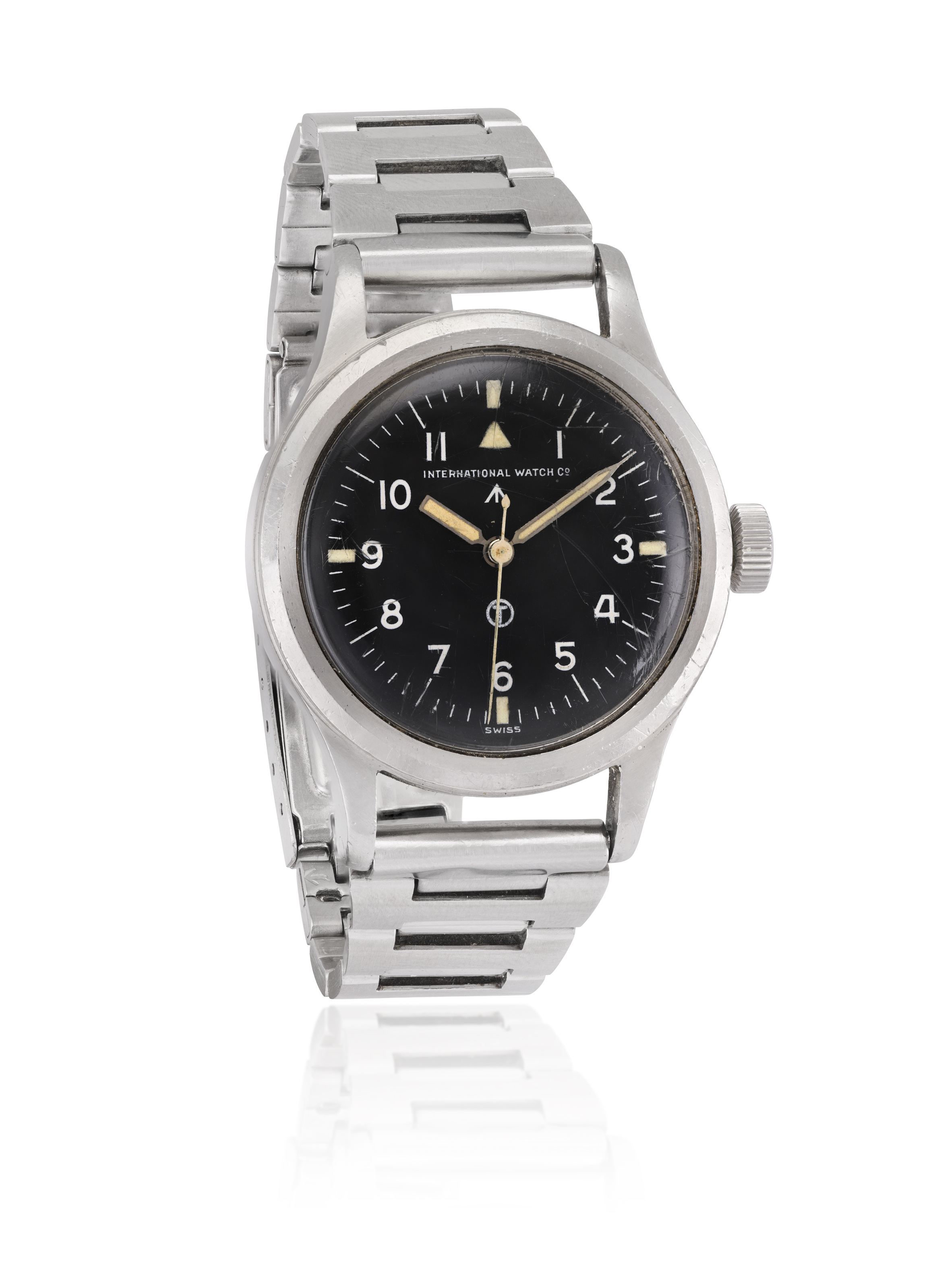 A STAINLESS STEEL WATCH, BY IWC Of manual wind movement Cal-c89, the circular black dial, white
