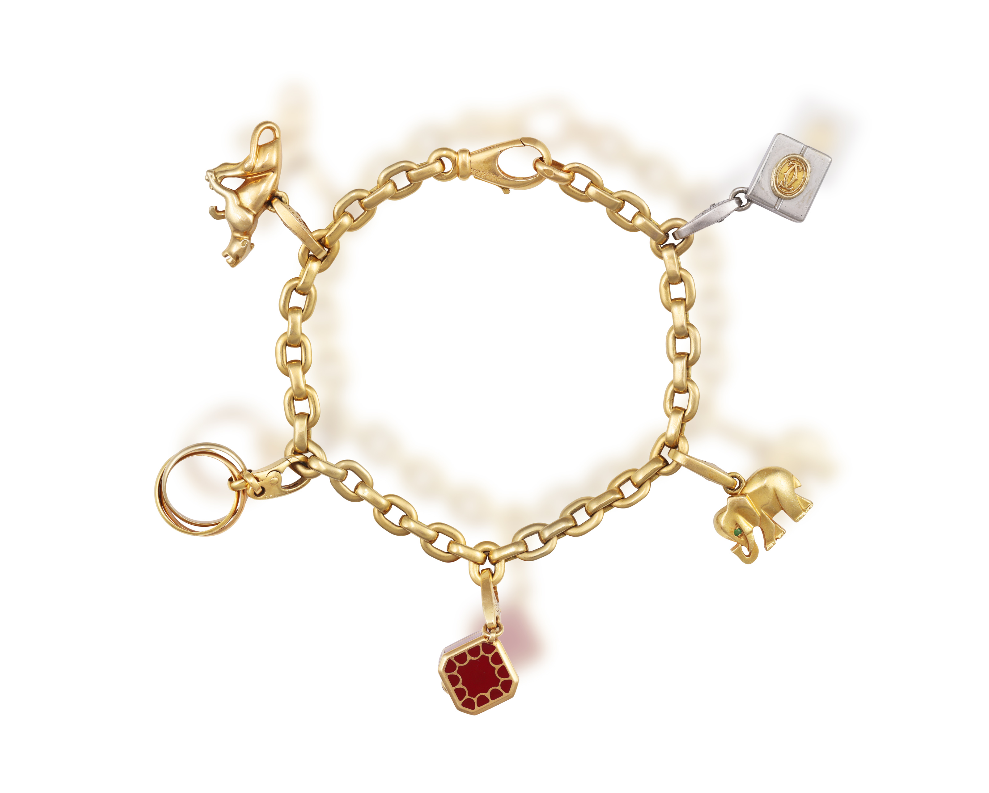 A GOLD CHARM BRACELET, BY CARTIER The belcher-link chain bracelet, suspending five detachable charms - Image 2 of 6