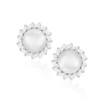 A FINE PAIR OF CULTURED PEARL AND DIAMOND EARCLIPS, BY HARRY WINSTON Each cultured pearl measuring