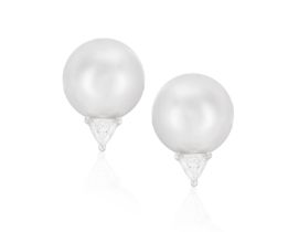 A PAIR OF CULTURED PEARL AND DIAMOND EARRINGS Each round-shaped cultured pearl of white tint