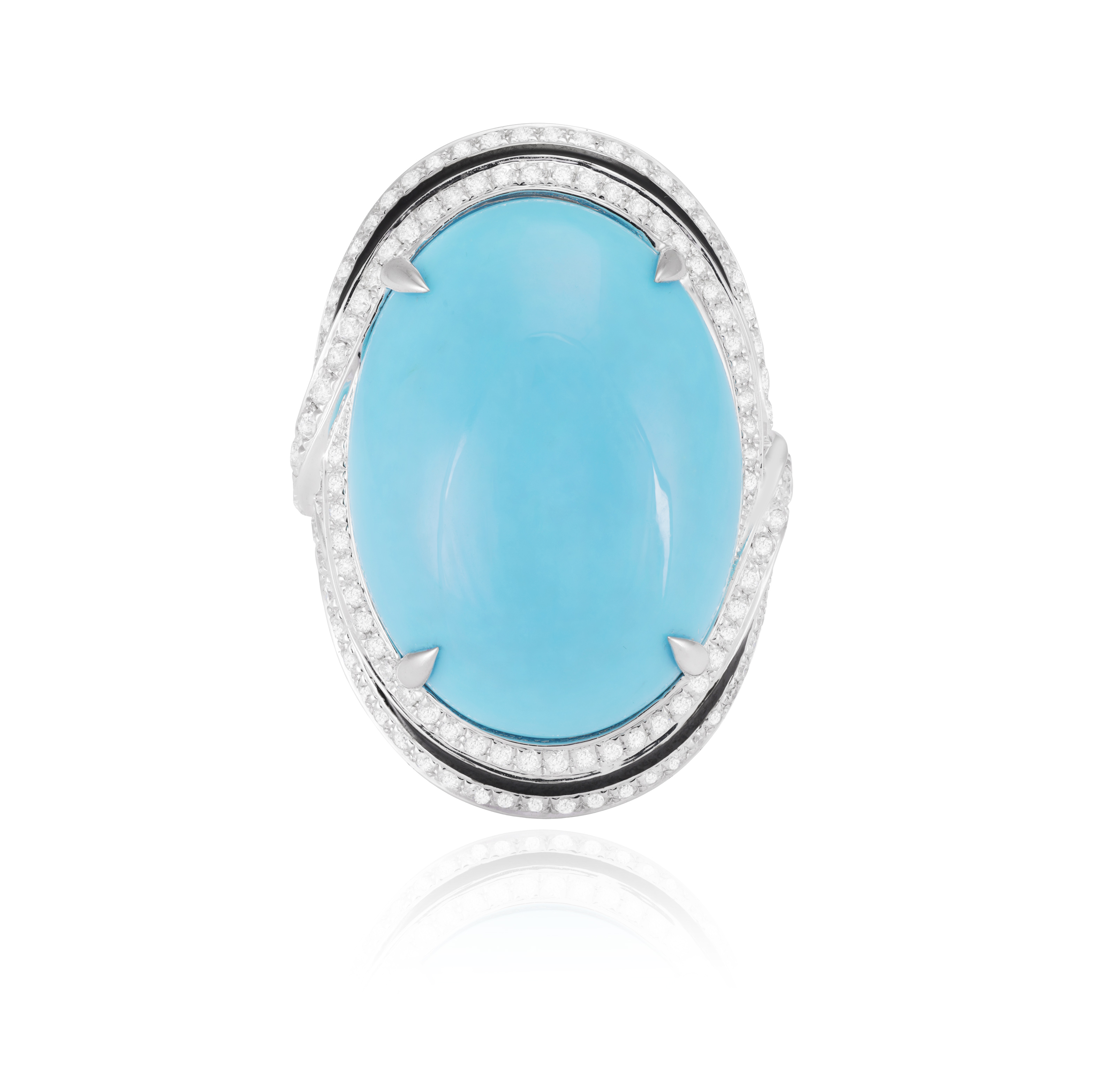 A TURQUOISE, ENAMEL AND DIAMOND DRESS RING The oval-shaped turquoise cabochon within a frame pavé- - Image 2 of 4