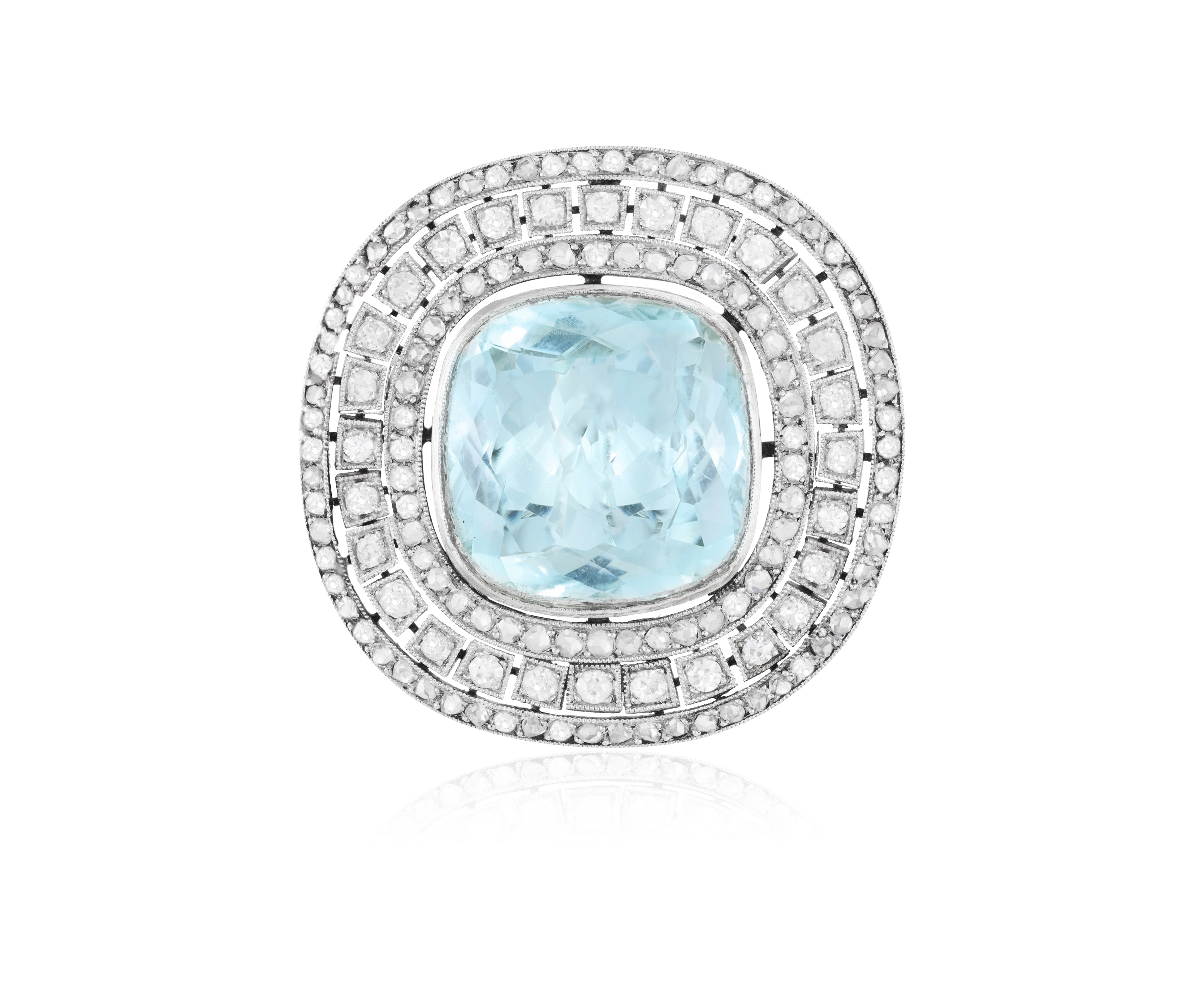 A LATE 19TH CENTURY/ EARLY 20TH CENTURY AQUAMARINE AND DIAMOND CLIP Set with a cushion-shaped