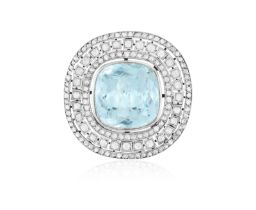 A LATE 19TH CENTURY/ EARLY 20TH CENTURY AQUAMARINE AND DIAMOND CLIP Set with a cushion-shaped