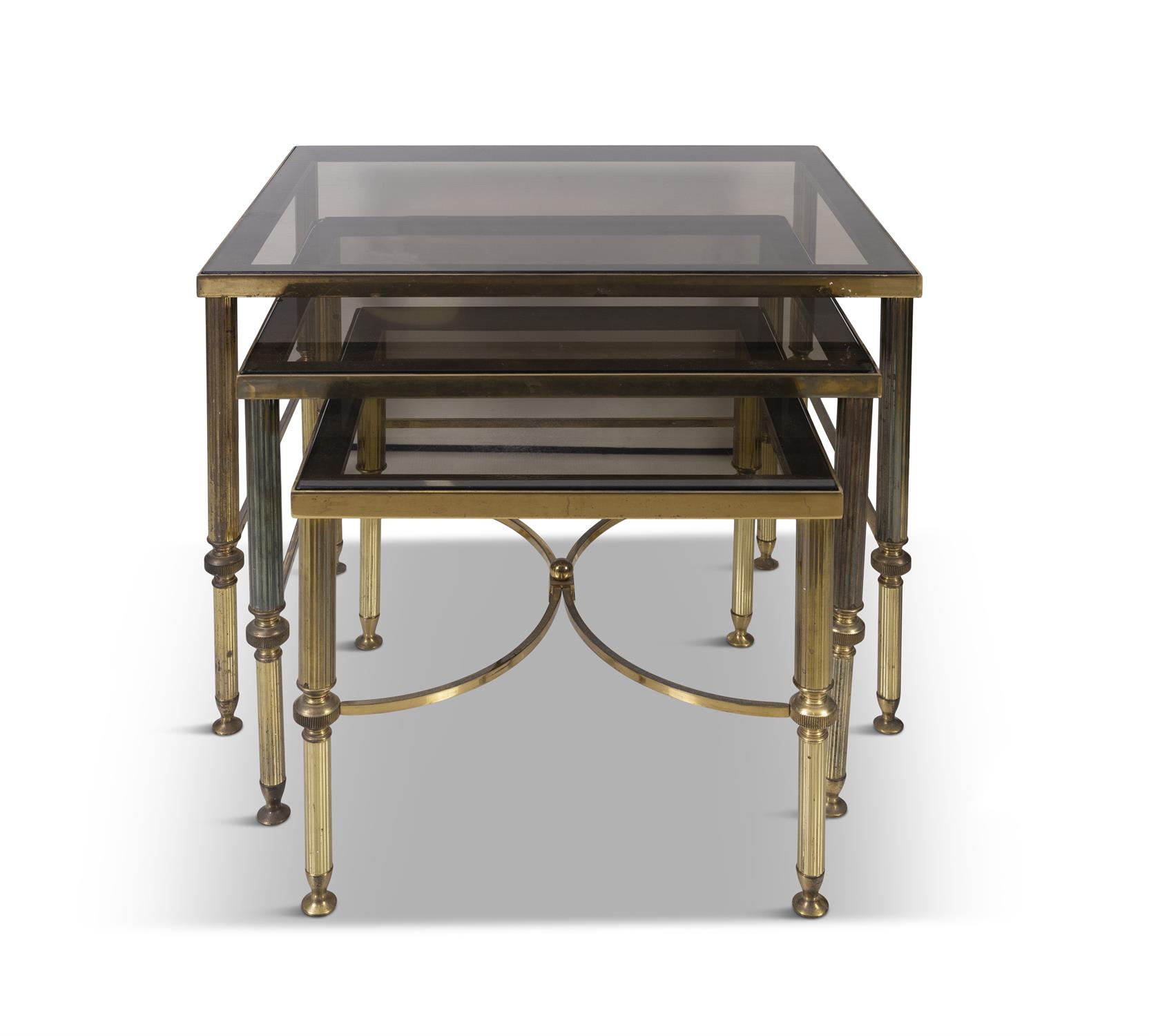 SIDE TABLES Trio nest of brass side tables with smoked glass tops. Italy, c.1970. 56.5 x 46. - Image 4 of 4