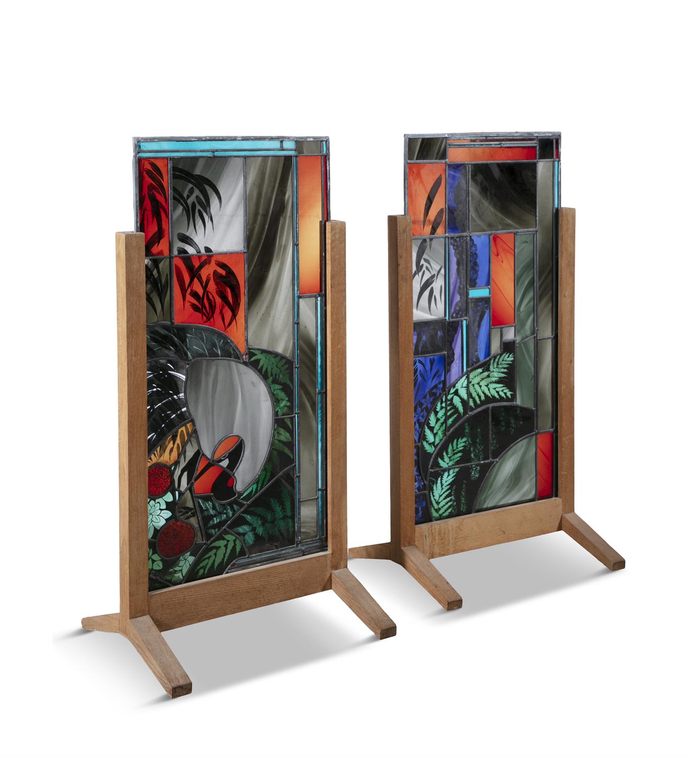 GLASS PANELS A pair of stained glass panels on oak stands. 66 x 48 x 130cm(h) including stands - Image 2 of 4