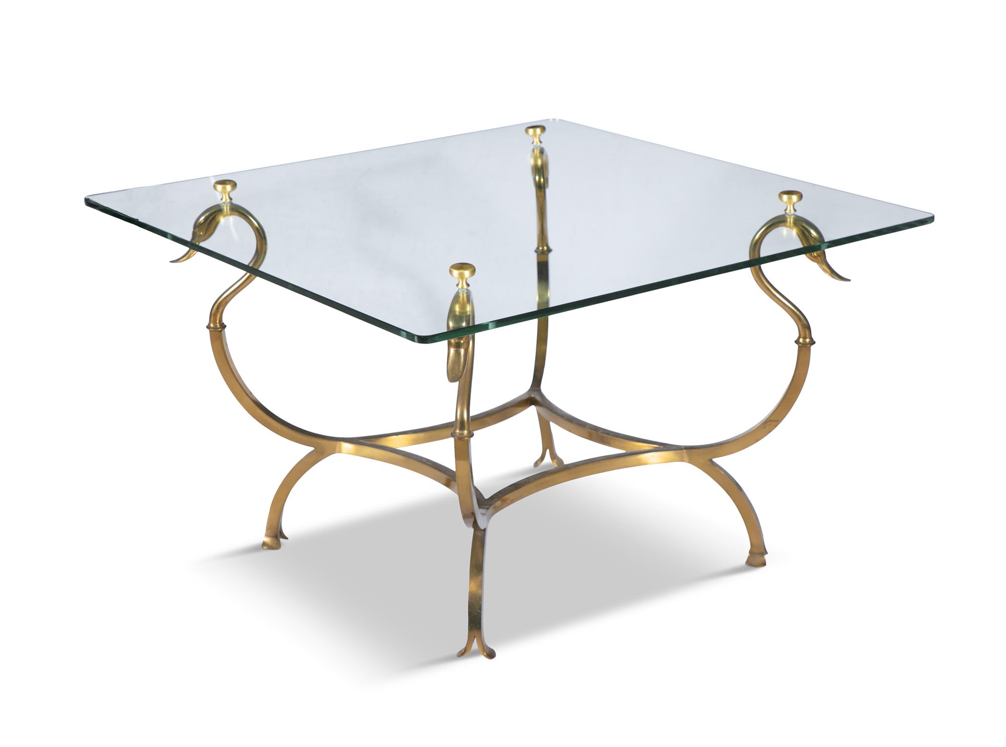 COFFEE TABLE A brass based coffee table with swan head supports and glass top, attributed to - Image 2 of 6