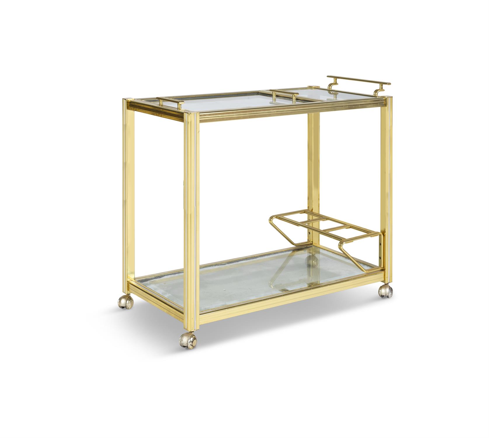 PIERRE VANDEL A gilt metal and chrome drinks trolley attrib. to Pierre Vandel with glass tops and