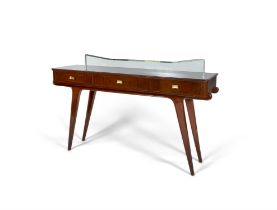 CONSOLE A mahogany console with three drawers and brass detailing. Italy c.1950. 172 x 47.