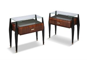 BEDSIDE CABINETS A pair of rosewood glass top bedside cabinets. Italy, c.1950. 55 x 37 x 58cm(h)