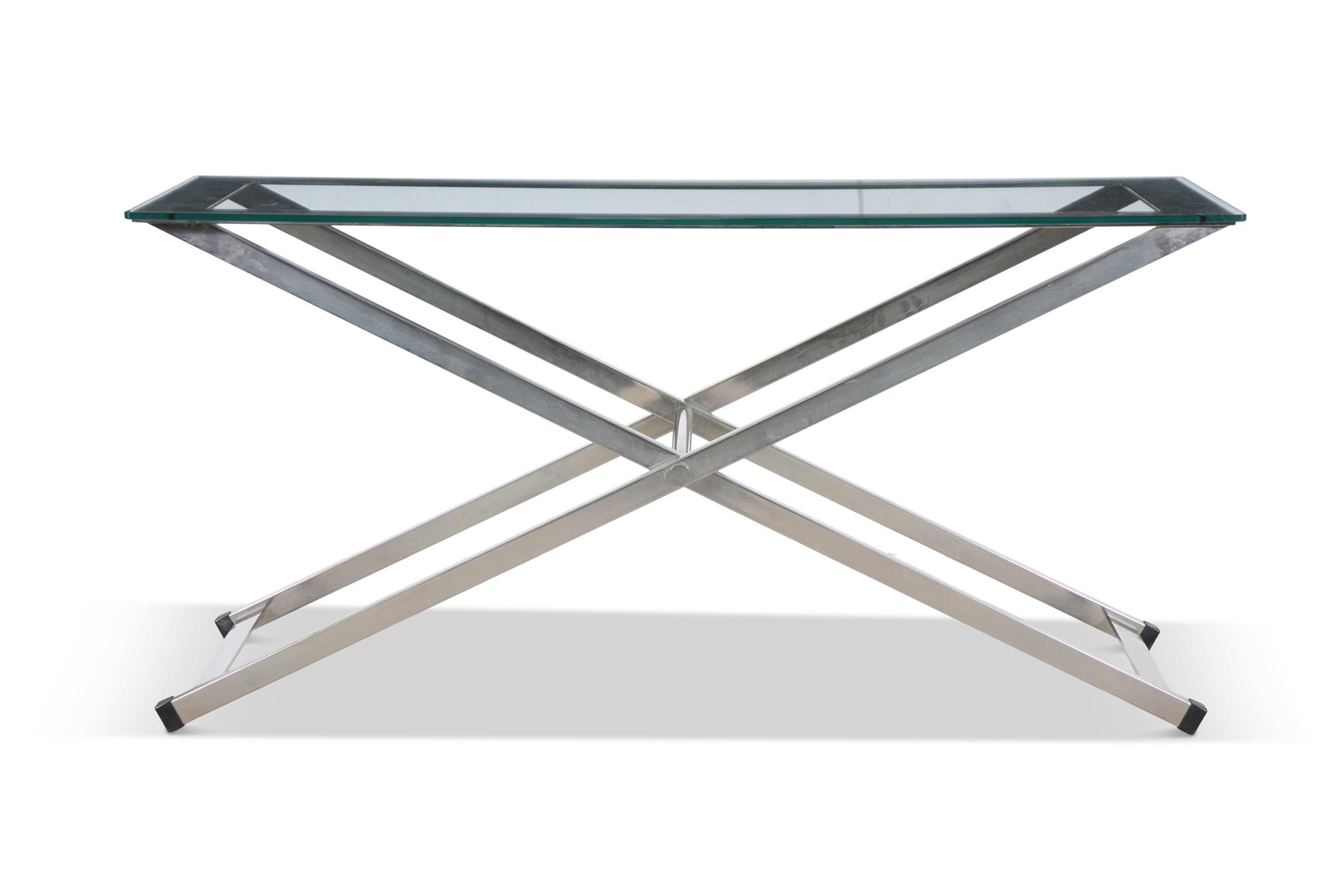 CONSOLE TABLE A chrome X framed console table with a clear glass top. 150 x 43 x 74cm(h) - Image 2 of 3