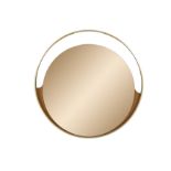 MIRROR A circular brass framed mirror with timber detailing. Italy. 79.5cm(d)