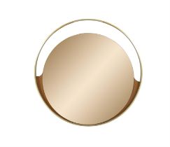 MIRROR A circular brass framed mirror with timber detailing. Italy. 79.5cm(d)