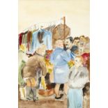 RITA DUFFY Market Day - Clothes Stall Pencil and watercolour, 35 x 23cm Signed