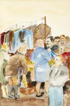 RITA DUFFY Market Day - Clothes Stall Pencil and watercolour, 35 x 23cm Signed