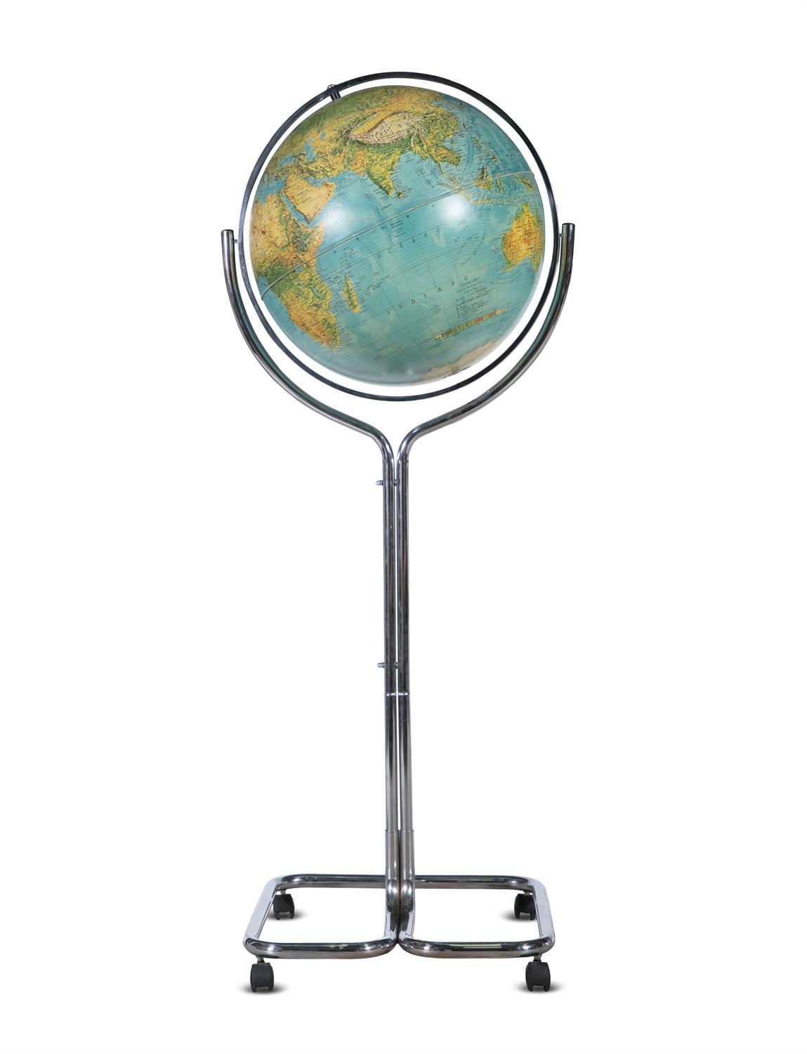 GLOBE A globe on chrome stand with Florence maker's mark. 144cm(h)