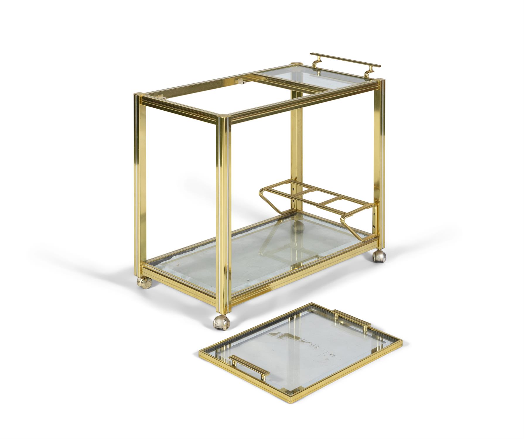 PIERRE VANDEL A gilt metal and chrome drinks trolley attrib. to Pierre Vandel with glass tops and - Image 4 of 6
