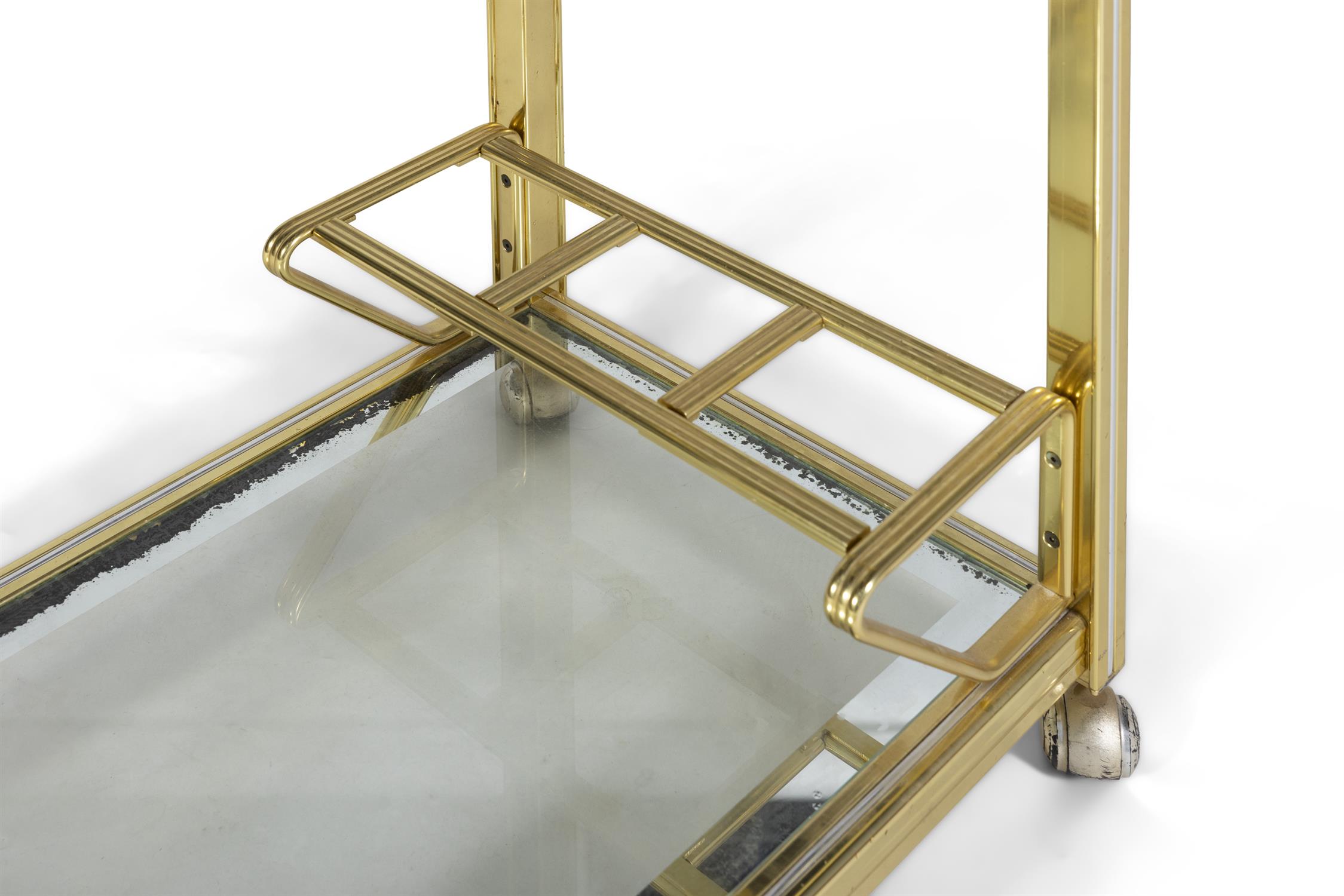 PIERRE VANDEL A gilt metal and chrome drinks trolley attrib. to Pierre Vandel with glass tops and - Image 6 of 6