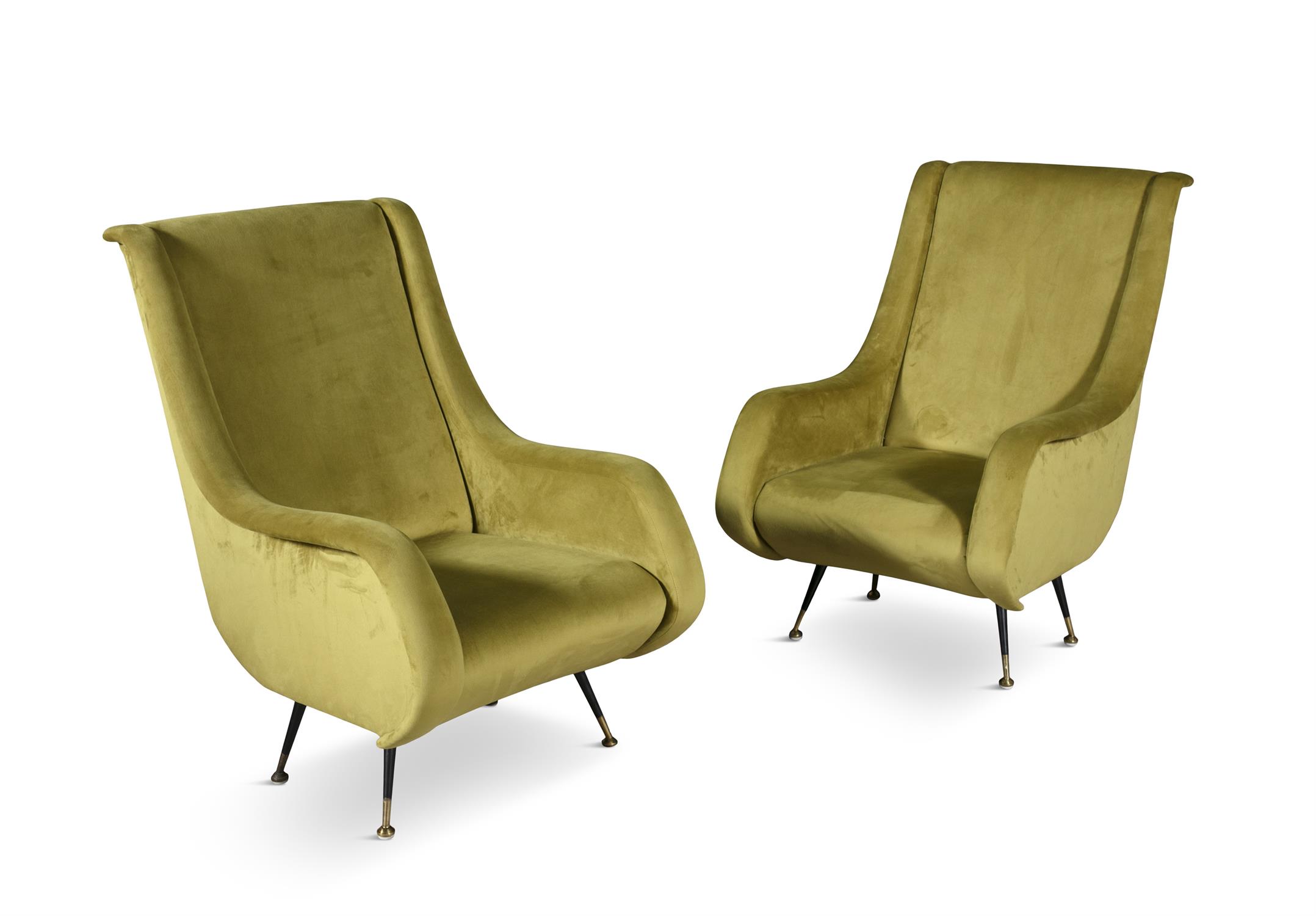 ARMCHAIRS A pair olive upholstered Italian armchairs. 67 x 90 x 97cm(h); seat 40cm(h)