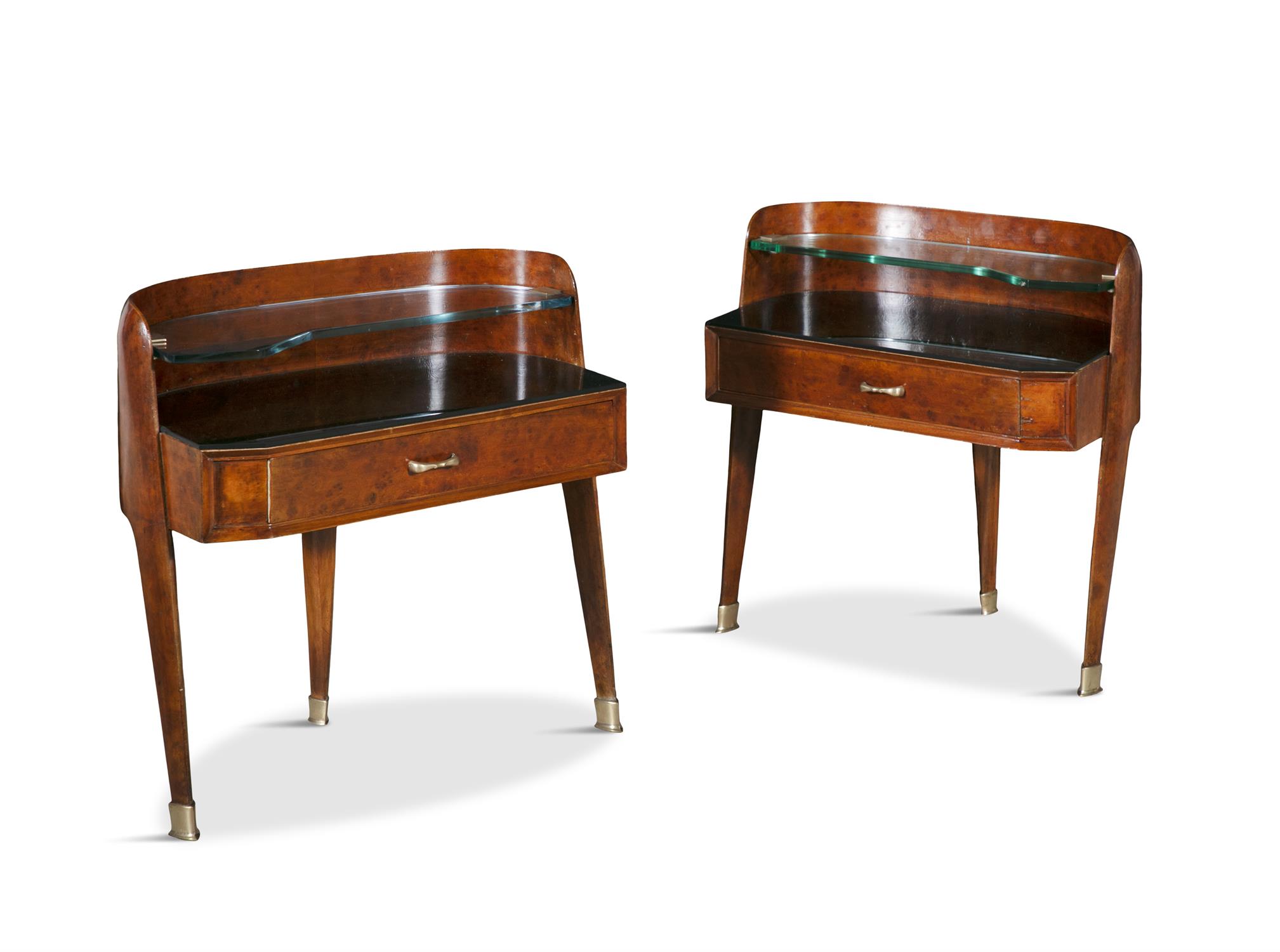 BEDSIDE TABLES A pair of burr walnut and glass bedside tables. Italy, c.1960. 55 x 27.5 x 60cm(h)