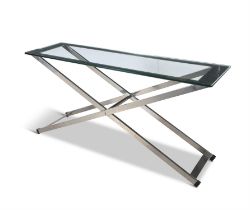 CONSOLE TABLE A chrome X framed console table with a clear glass top. 150 x 43 x 74cm(h)