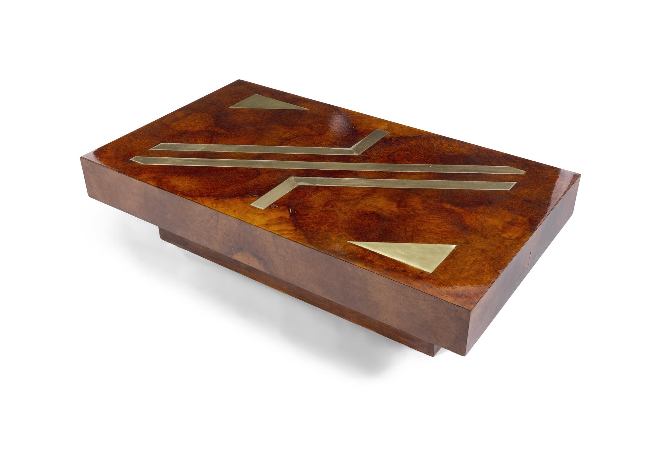 COFFEE TABLE A burl wood coffee table with brass inlays. Italy. 140 x 80 x 35.5cm(h) - Image 2 of 5