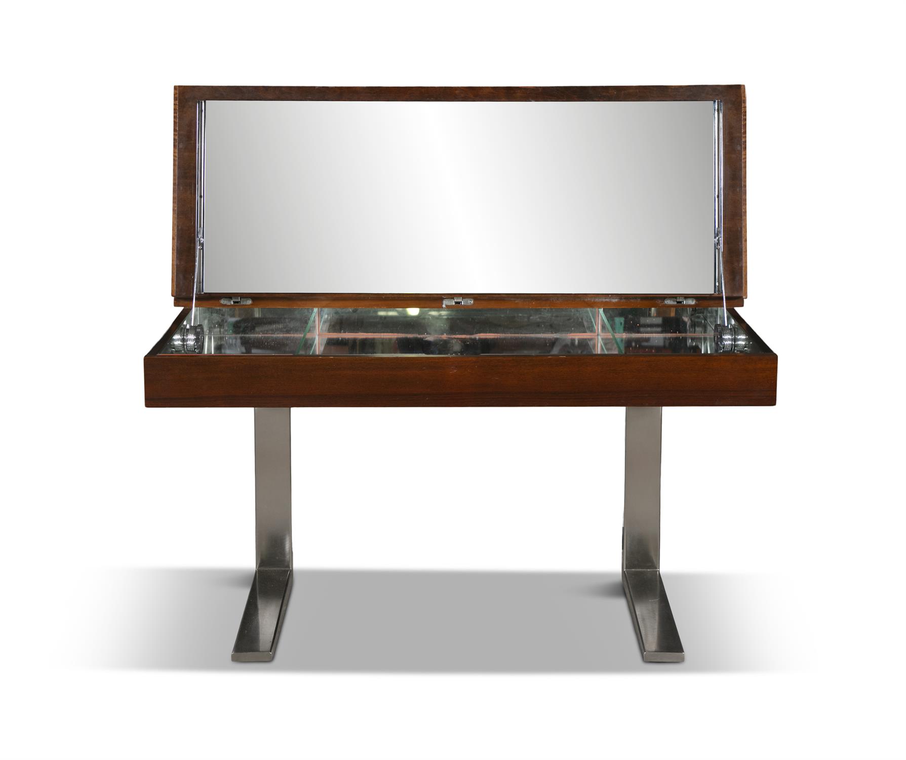 VANITY UNIT Walnut vanity unit, lift top, mirror interior with two chairs. Italy. - Image 7 of 9