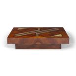 COFFEE TABLE A burl wood coffee table with brass inlays. Italy. 140 x 80 x 35.5cm(h)