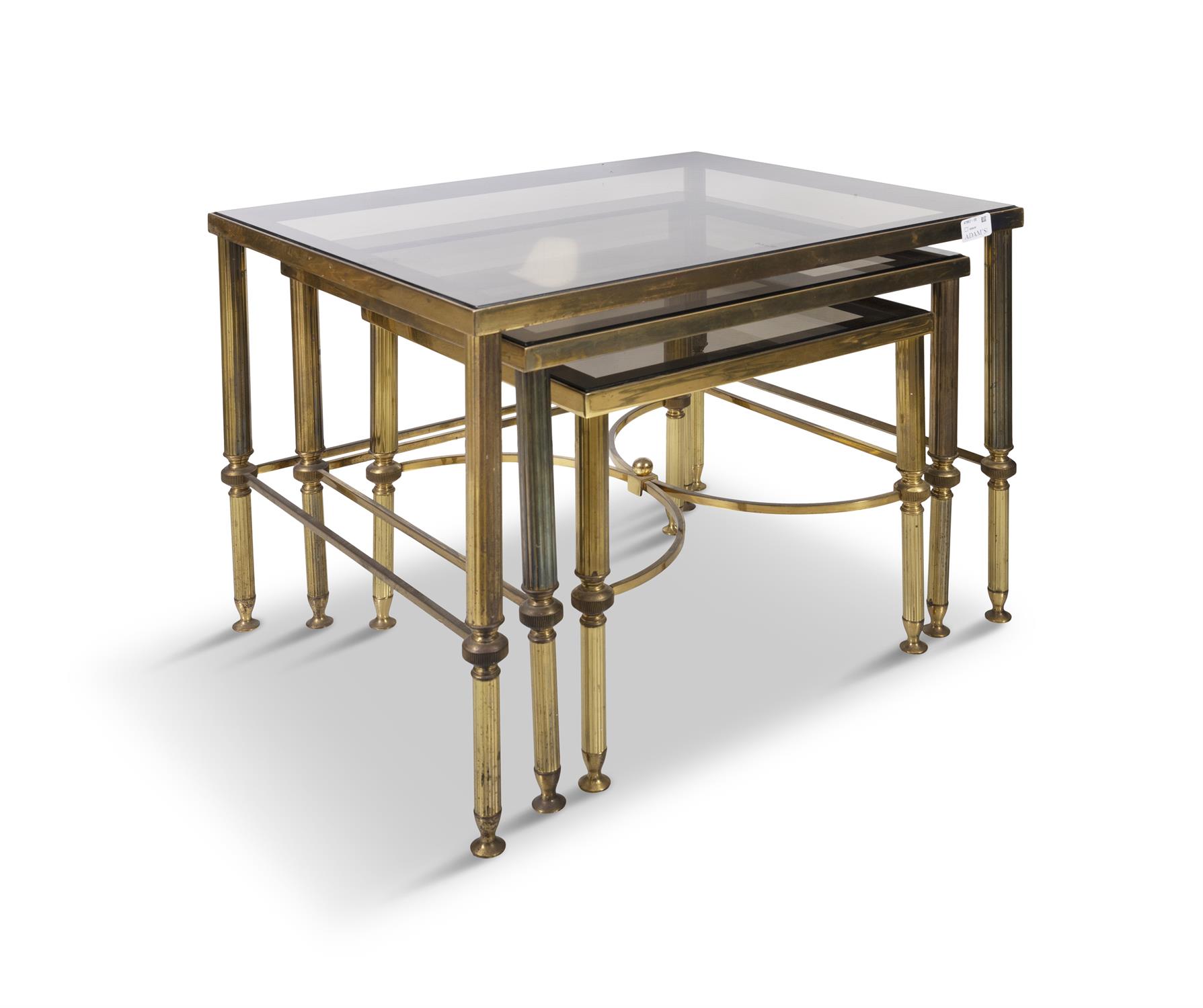 SIDE TABLES Trio nest of brass side tables with smoked glass tops. Italy, c.1970. 56.5 x 46. - Image 2 of 4